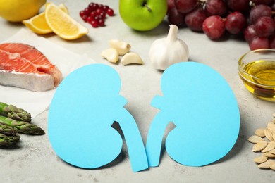 Photo of Paper cutoutkidneys and different healthy products on light grey table, closeup