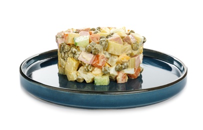 Delicious russian salad Olivier on white background