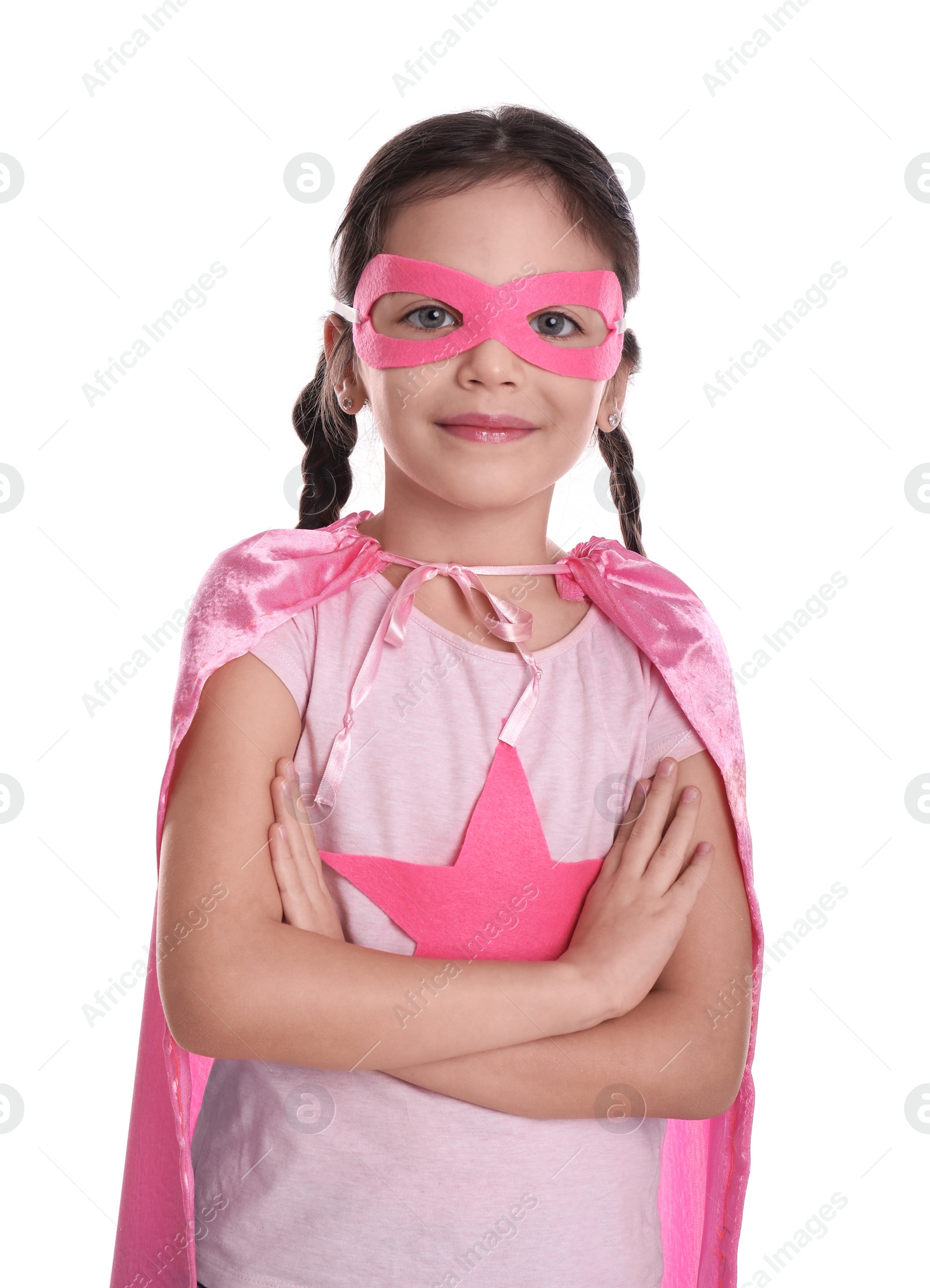 Cute little girl in superhero suit on white background Photo of Cute little girl in superhero suit on white background