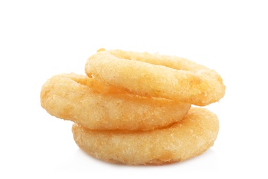 Photo of Freshly cooked onion rings on white background