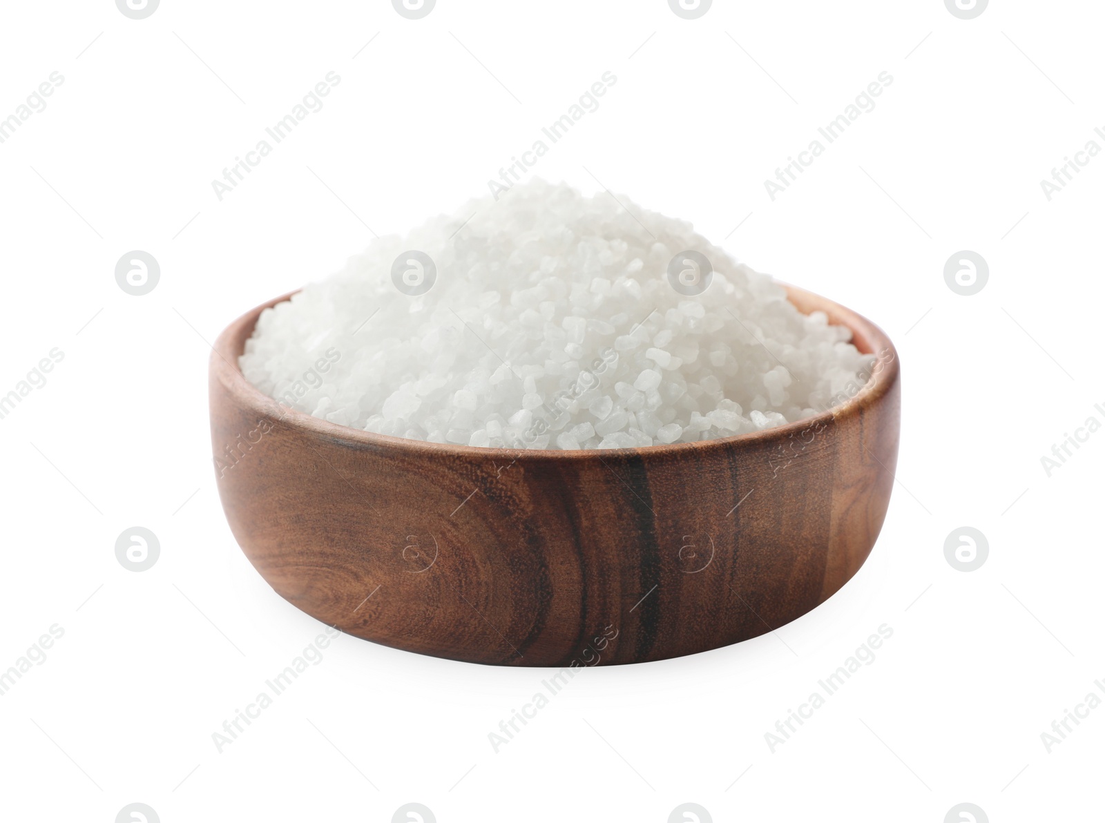 Photo of Natural salt in wooden bowl isolated on white