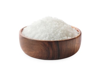 Photo of Natural salt in wooden bowl isolated on white