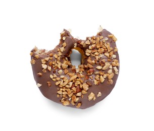 Photo of Sweet bitten glazed donut on white background, top view
