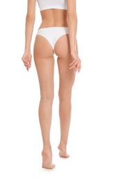 Photo of Slim young woman with smooth gentle skin on white background. Beauty and body care concept
