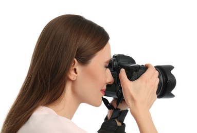 Photo of Professional photographer taking picture on white background