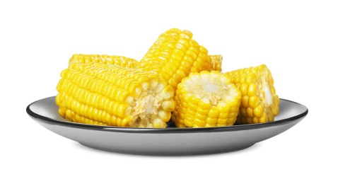 Photo of Plate with tasty cooked corn cobs on white background