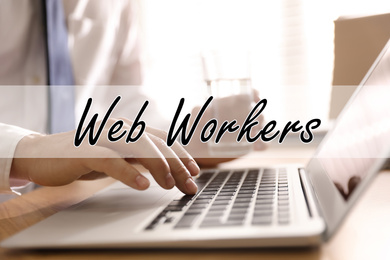 Image of Man working with laptop at table in office. Web workers