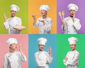 Image of Collage with photos of professional chef on different color backgrounds