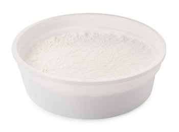Photo of Bowl of tooth powder on white background