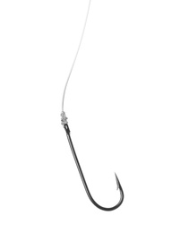 Photo of Fishing hook on white background. Angling equipment
