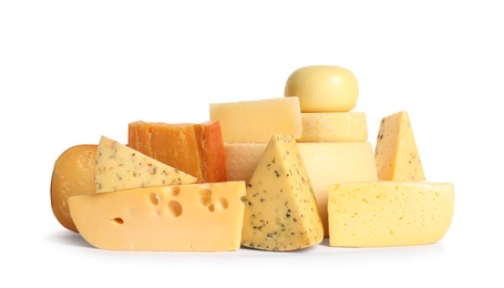 Photo of Different tasty kinds of cheese on white background