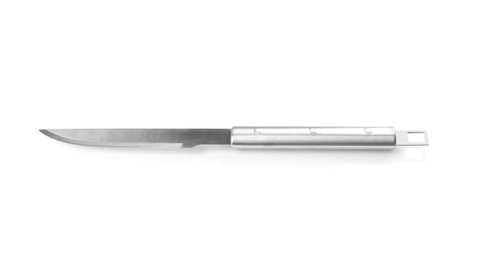 Photo of New meat knife for barbecue on white background