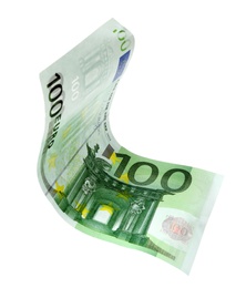 Photo of Flying one hundred Euro banknote isolated on white
