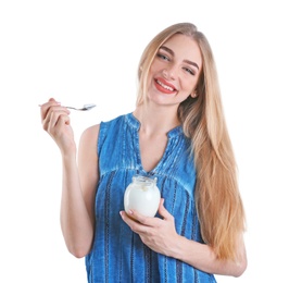 Photo of Young woman with yogurt on white background