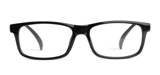 Photo of Stylish glasses with black frame isolated on white