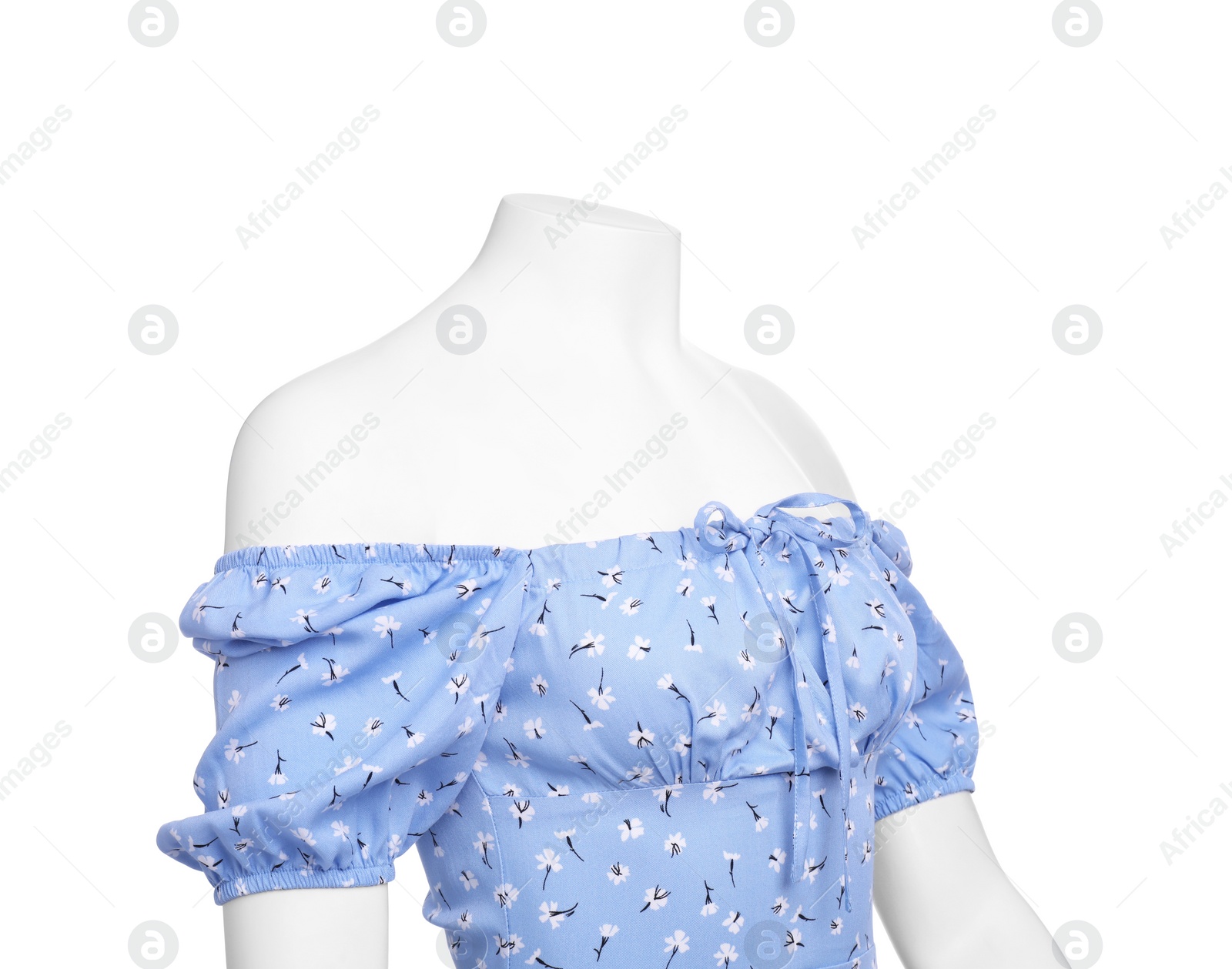 Photo of Female mannequin dressed in stylish light blue dress isolated on white