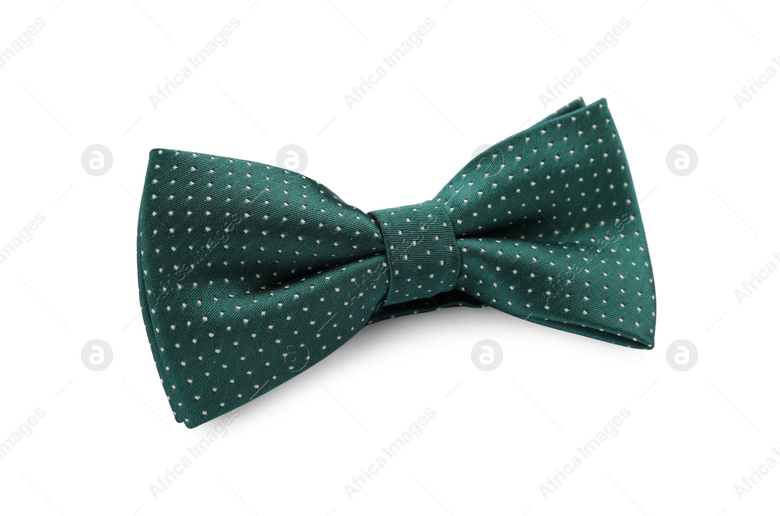 Photo of Stylish green bow tie with polka dot pattern on white background