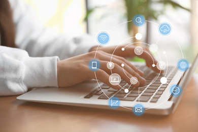 Image of Businesswoman working with laptop indoors, closeup. Digital marketing