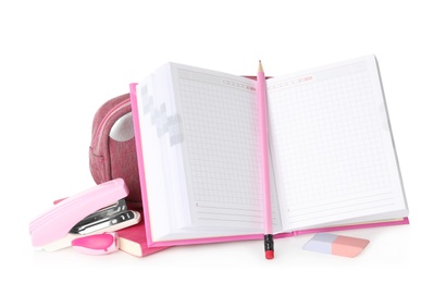 Photo of Set of colorful school stationery on white background