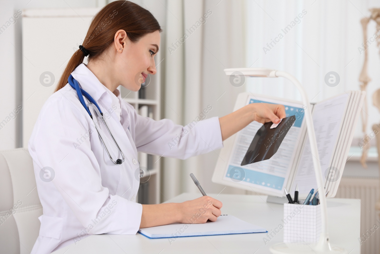 Photo of Orthopedist examining X-ray picture at desk in clinic