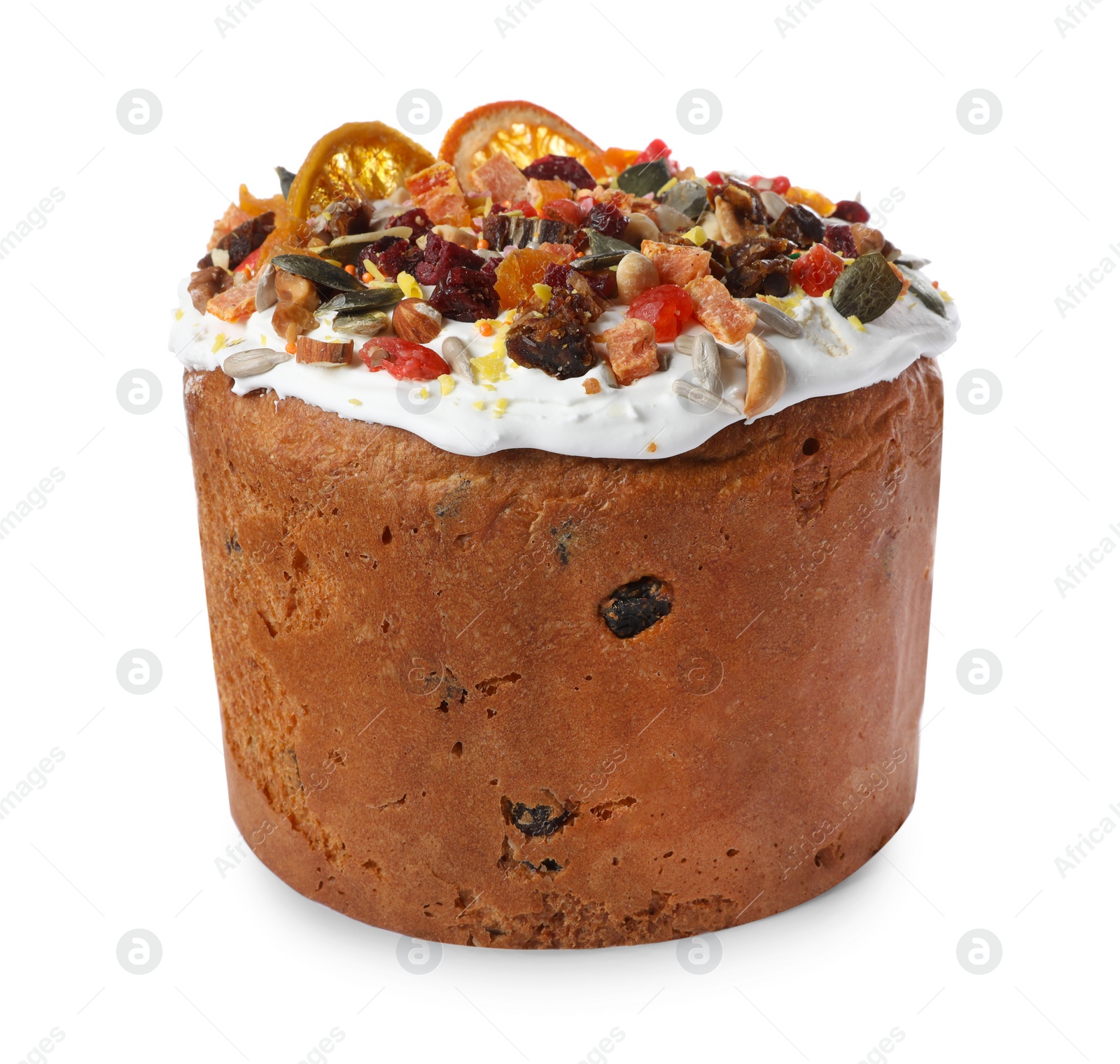 Photo of Traditional Easter cake with sprinkles and dried fruits isolated on white