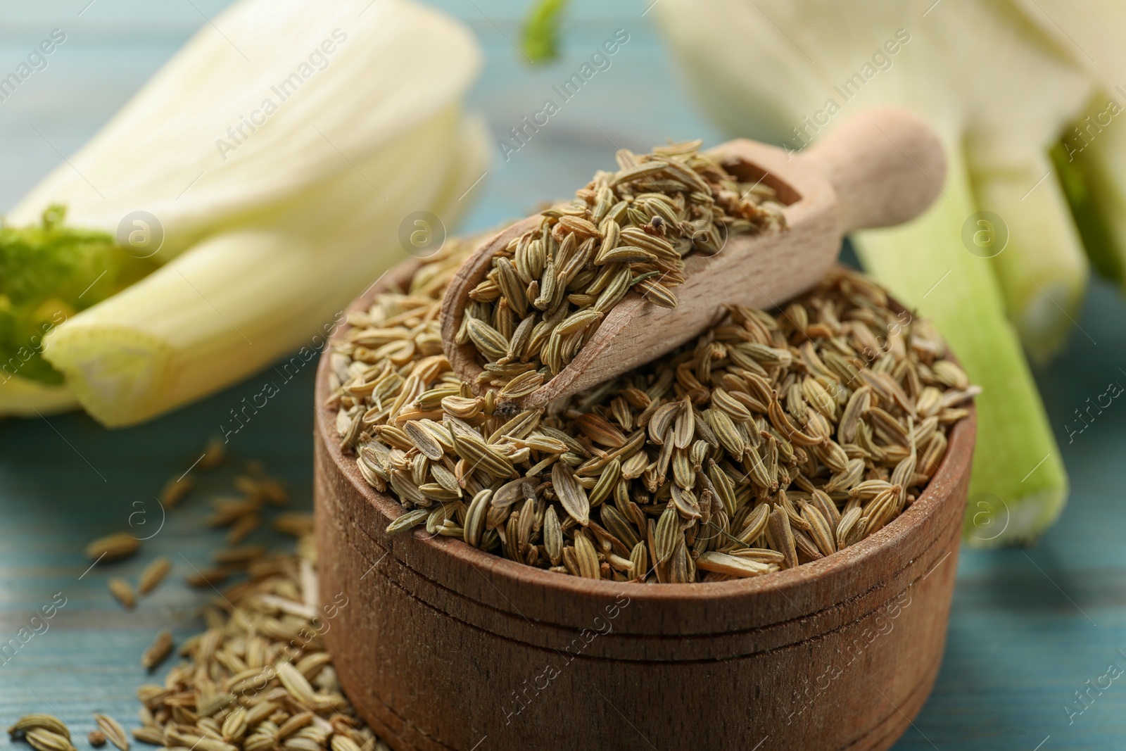 Photo of Bowl and scoop with fennel seeds on table, closeup