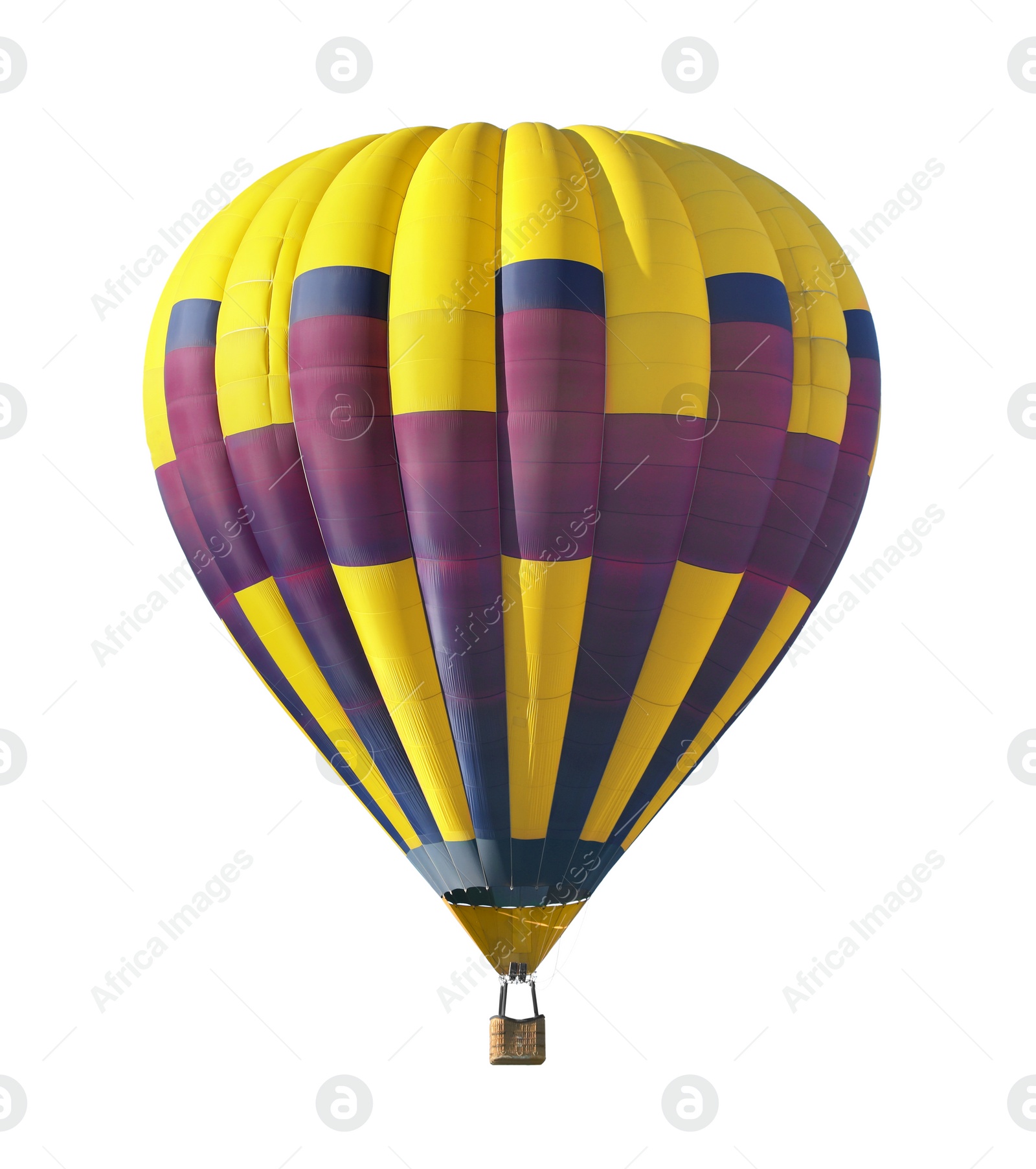 Image of Bright hot-air balloon with wicker basket on white background