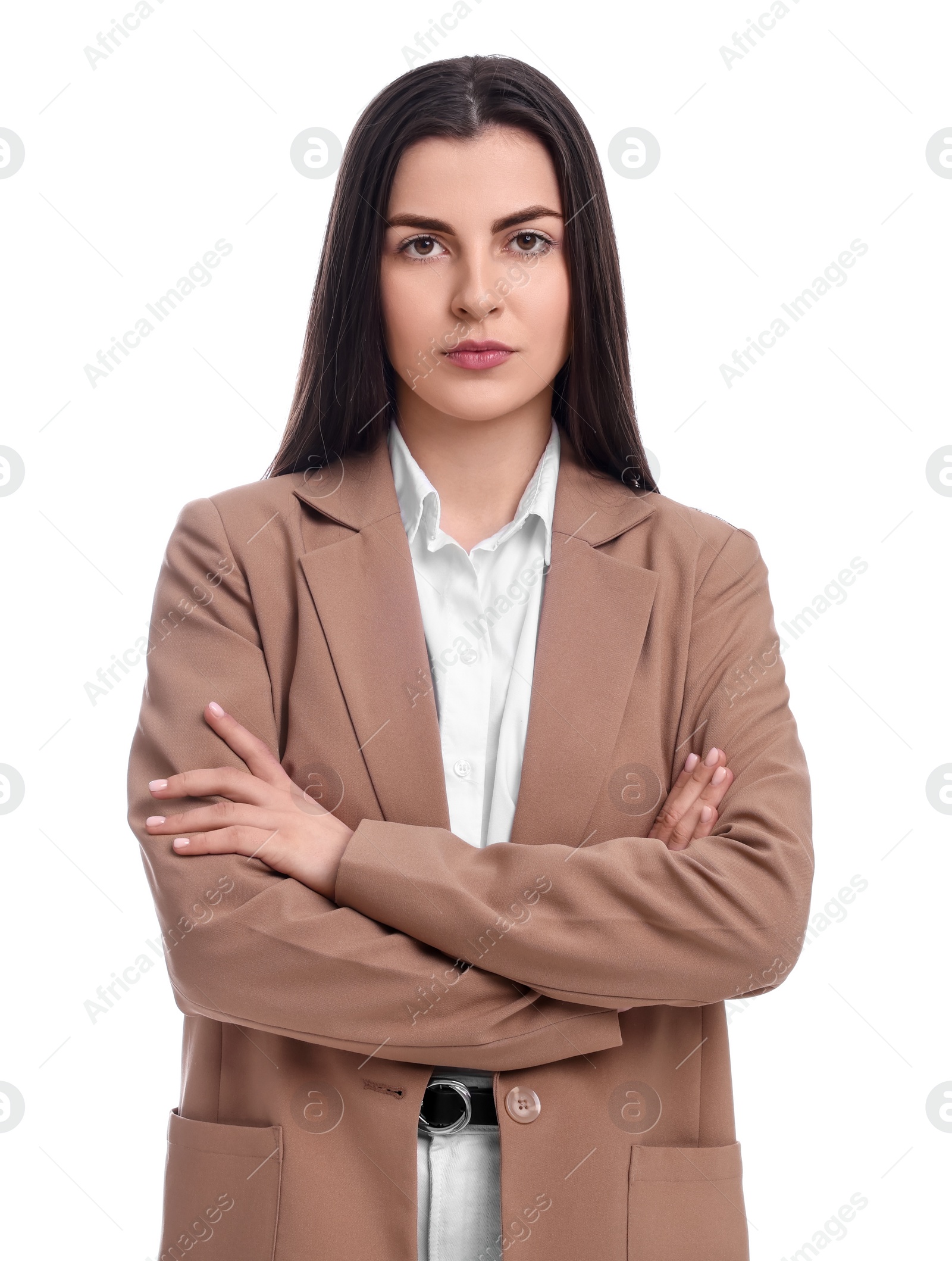 Photo of Beautiful young businesswoman in suit on white background