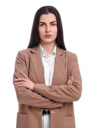 Beautiful young businesswoman in suit on white background