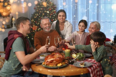 Image of Happy family clinking glasses at festive dinner indoors. Christmas celebration