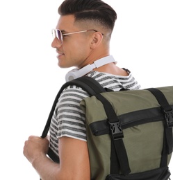 Photo of Man with backpack and headphones on white background. Summer travel