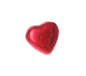 Heart shaped chocolate candy in red foil isolated on white