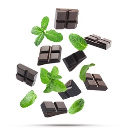 Image of Black chocolate pieces and mint falling on white background