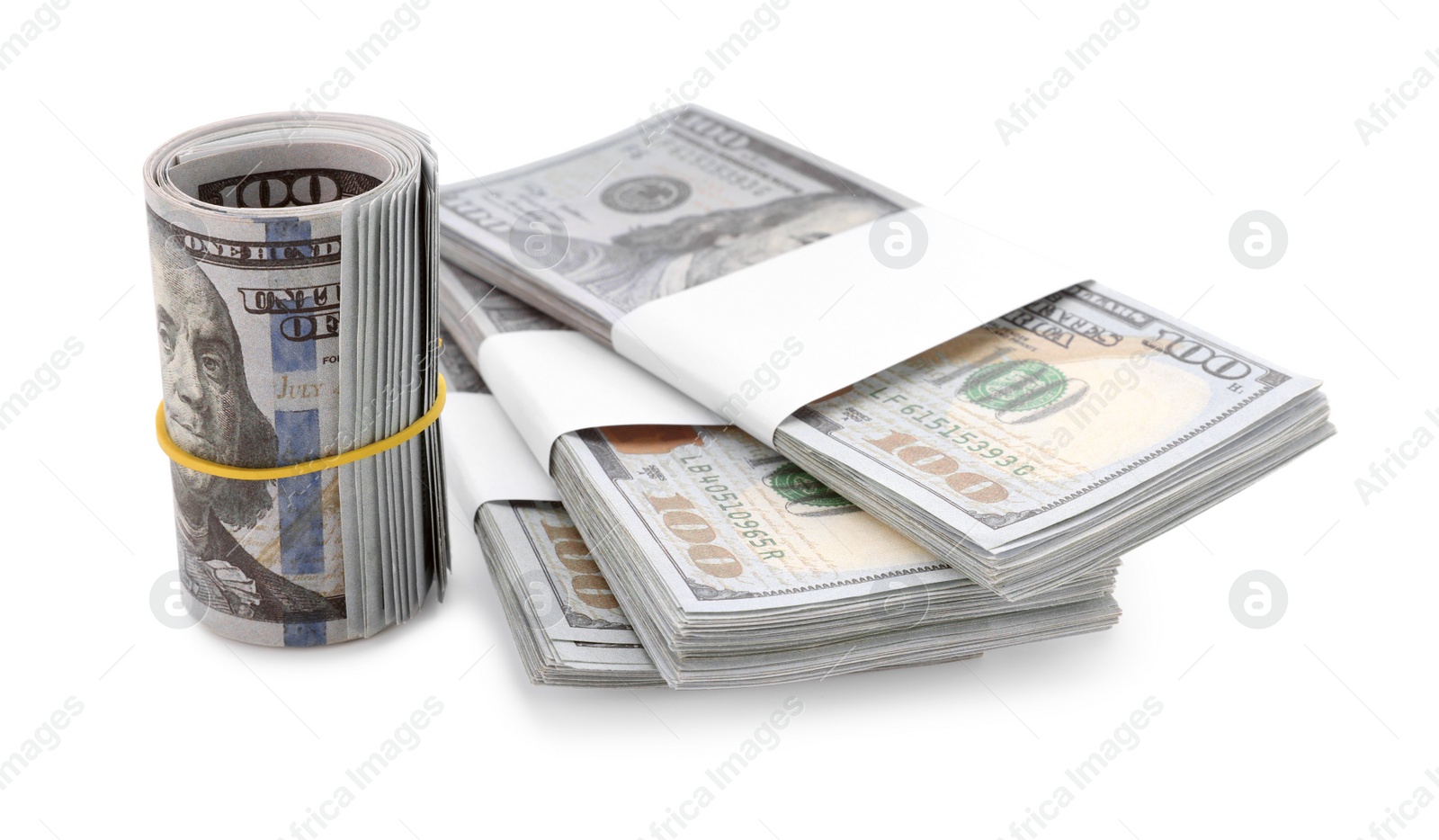 Photo of Many dollar banknotes on white background. American national currency