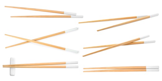 Image of Collage with wooden chopsticks isolated on white