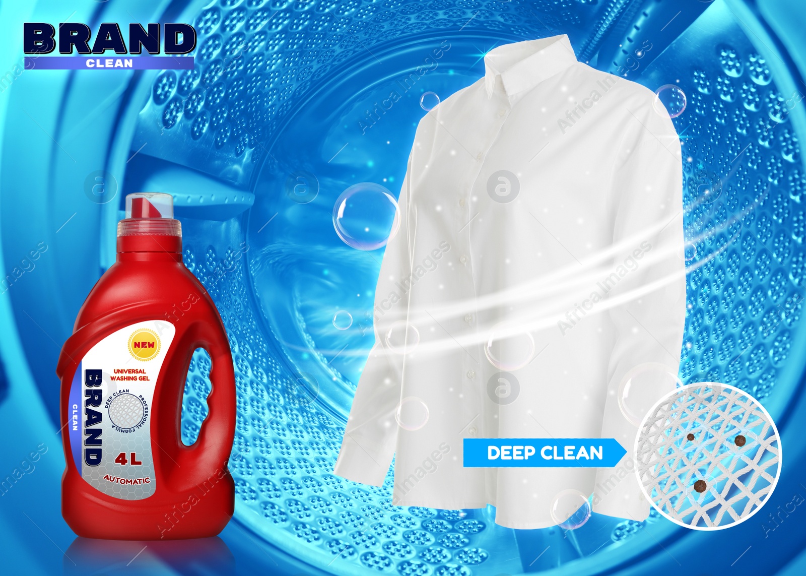 Image of Liquid laundry detergent advertisement design. Clean white shirt and bottle of washing product
