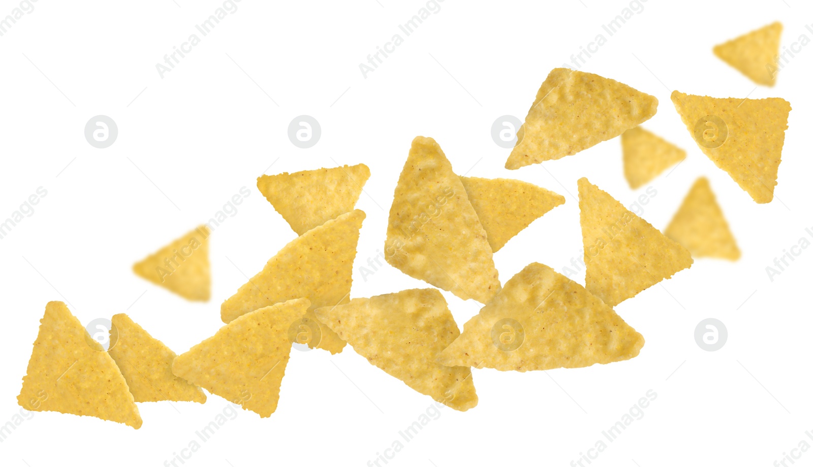 Image of Tasty tortilla chips (nachos) falling on white background. Banner design