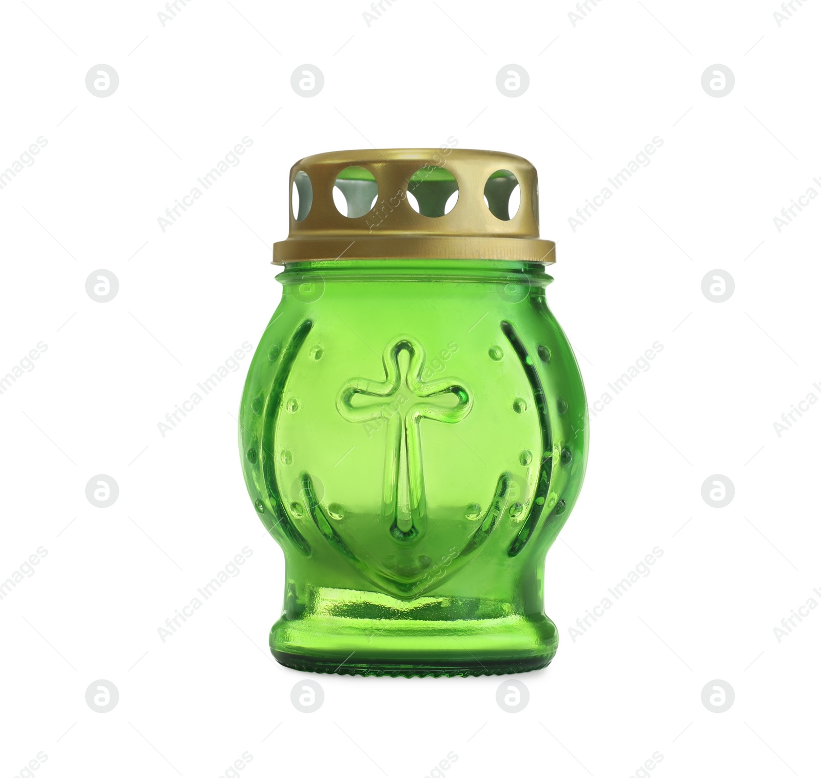 Photo of Green grave light with burning candle isolated on white. Symbol of remembrance