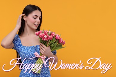 Happy Women's Day - March 8. Attractive lady with bouquet of tulips on orange background