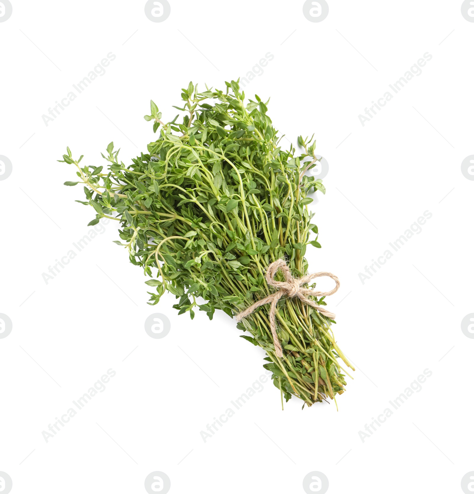 Photo of Bunch of aromatic thyme on white background, top view. Fresh herb