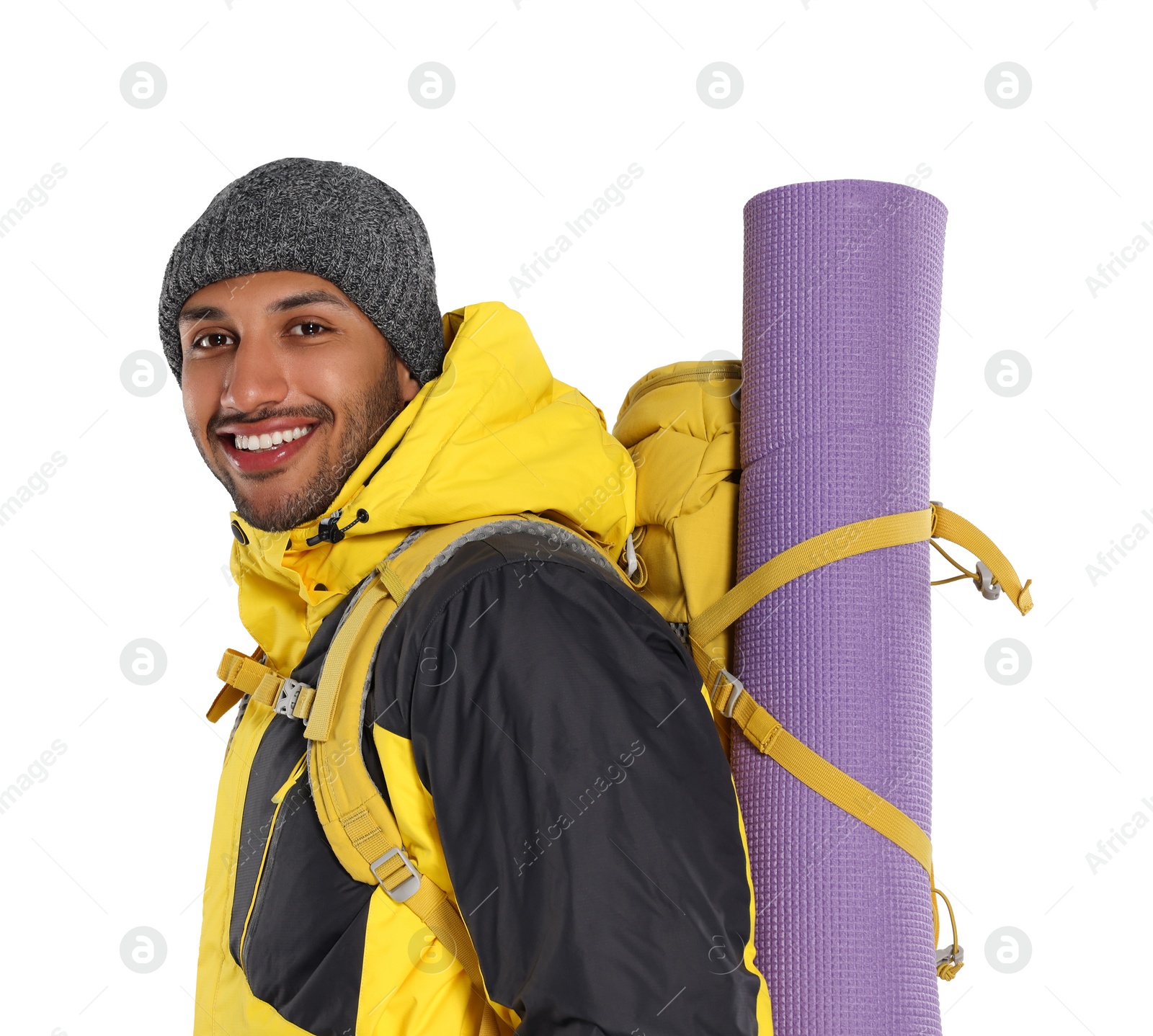 Photo of Happy tourist with backpack on white background