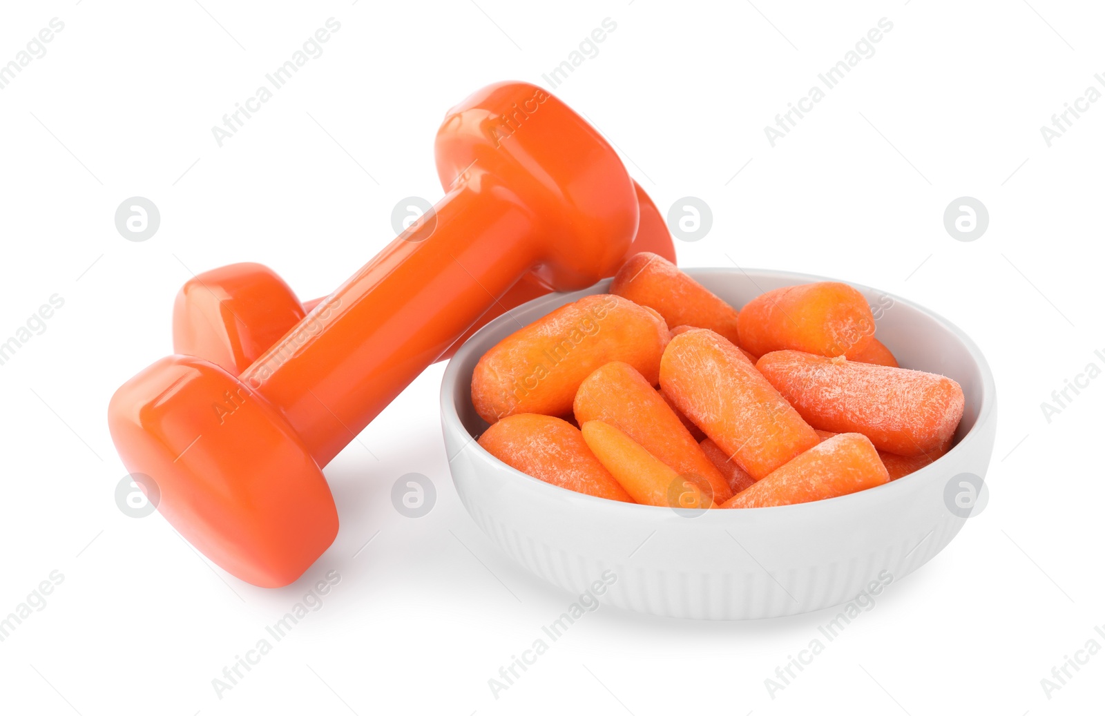 Photo of Healthy diet. Dumbbells and carrots isolated on white