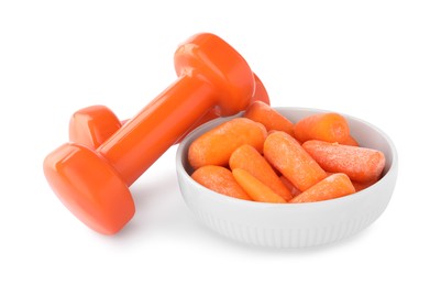 Photo of Healthy diet. Dumbbells and carrots isolated on white