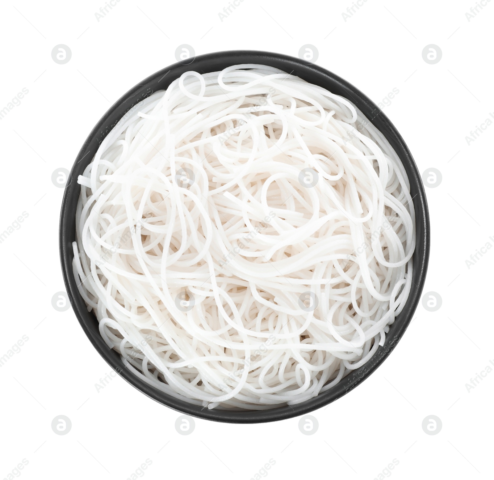 Photo of Bowl with cooked rice noodles isolated on white, top view