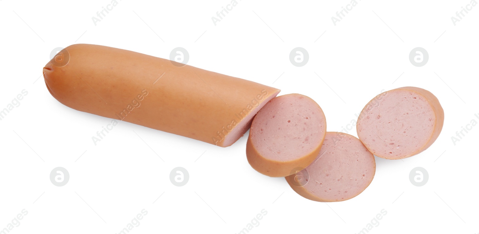 Photo of Cut fresh sausage on white background. Meat product