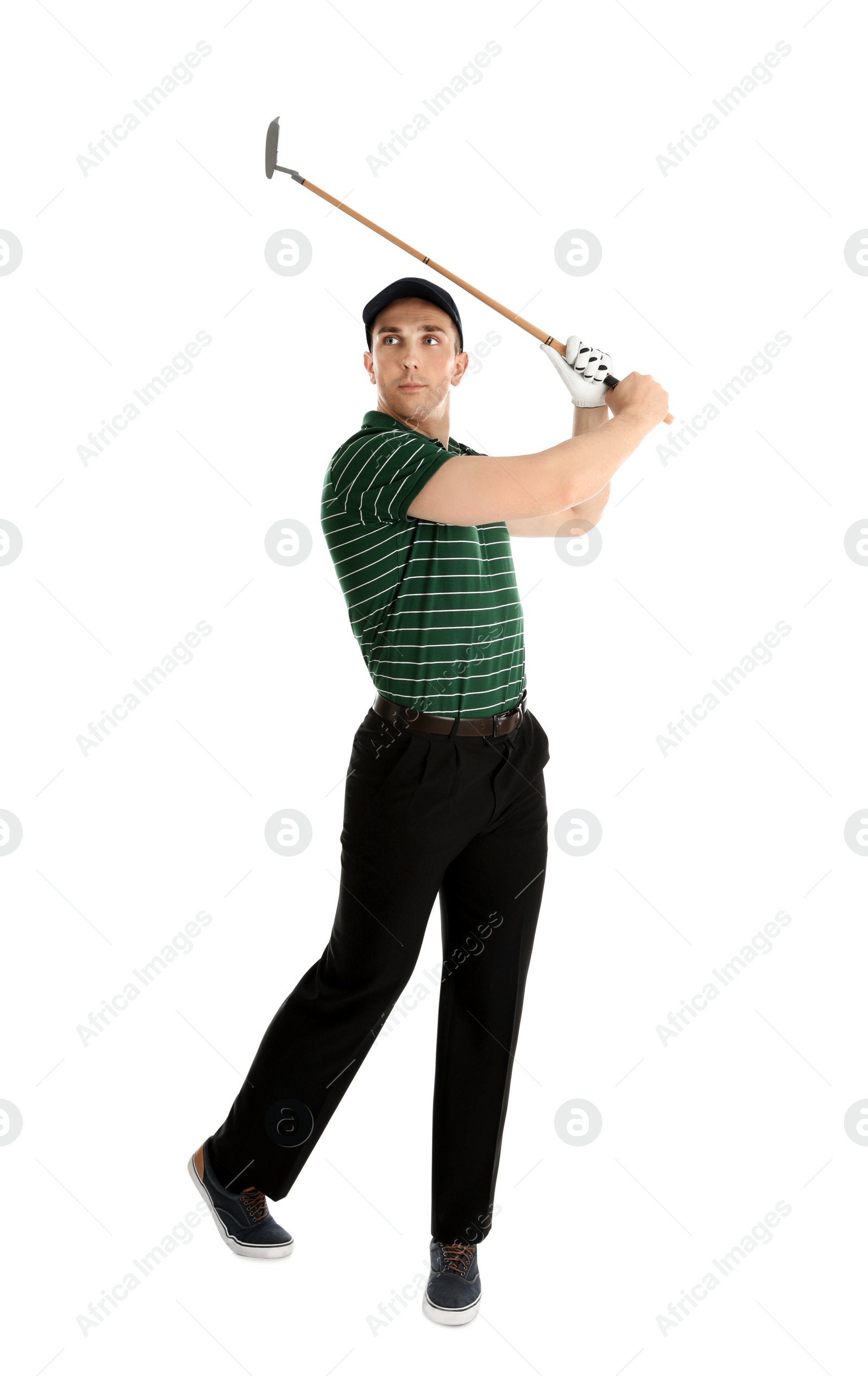 Photo of Young man playing golf on white background