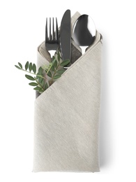 Photo of Folded napkin with fork, spoon and knife on white background, top view