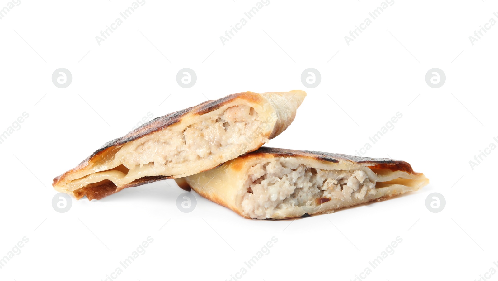 Photo of Cut fried cheburek isolated on white. Traditional pastry