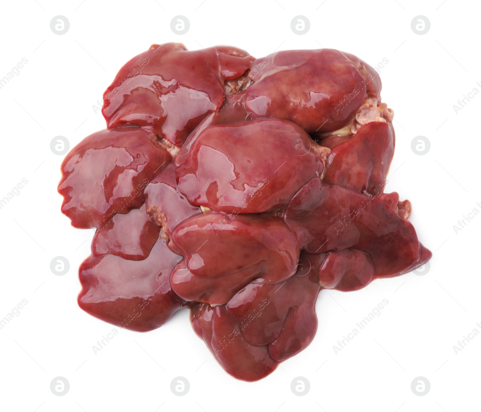 Photo of Pieces of raw chicken liver isolated on white, top view