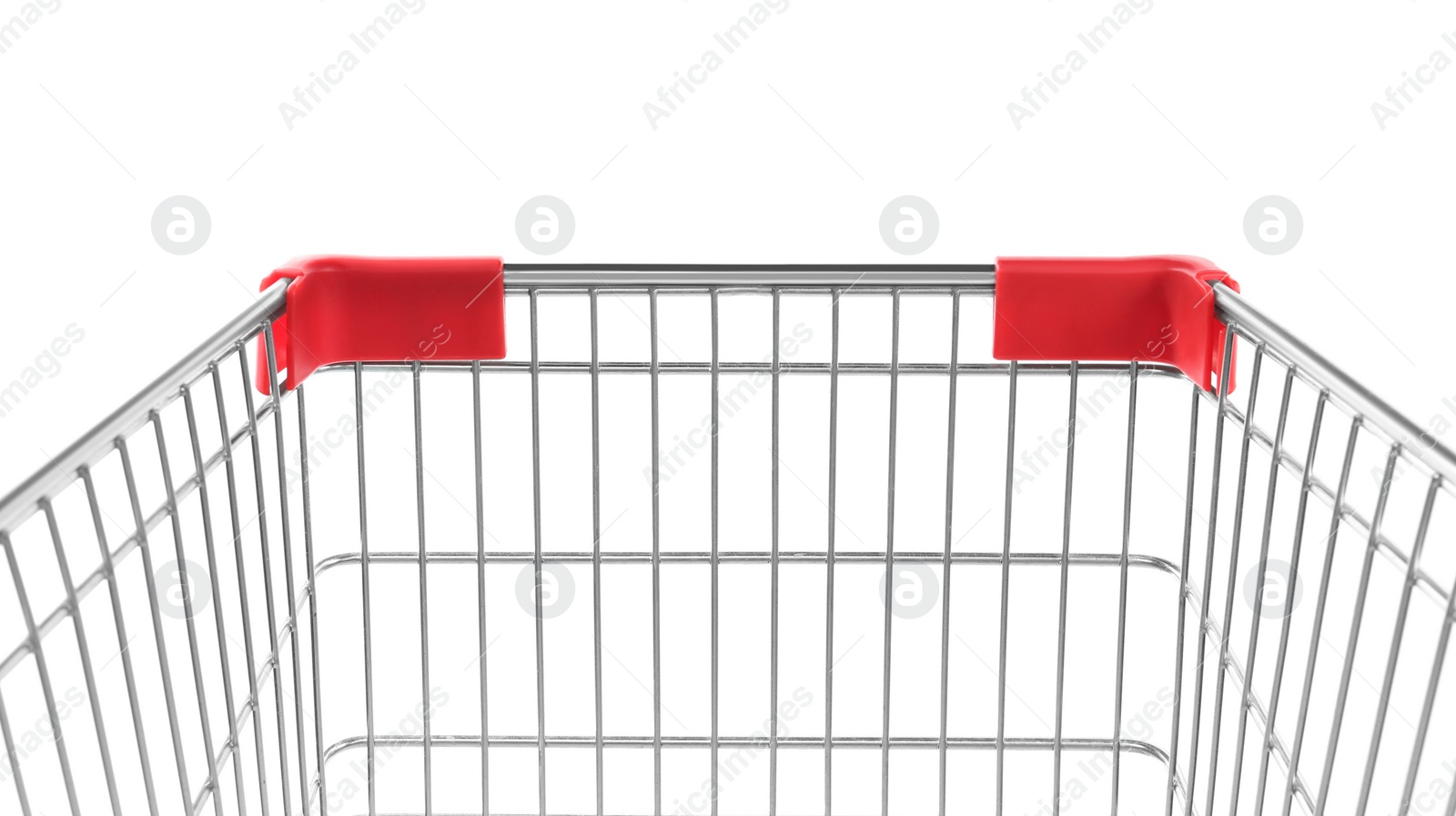 Photo of Empty shopping trolley isolated on white, closeup